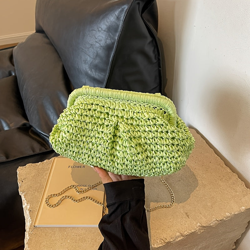 [Beach Ready] Women's Summer Straw Weave Clutch Bag - Fashionable Chain Shoulder Crossbody in Khaki, Magenta, Cream, or Green - Lightweight, Versatile for Beach and Casual Outings