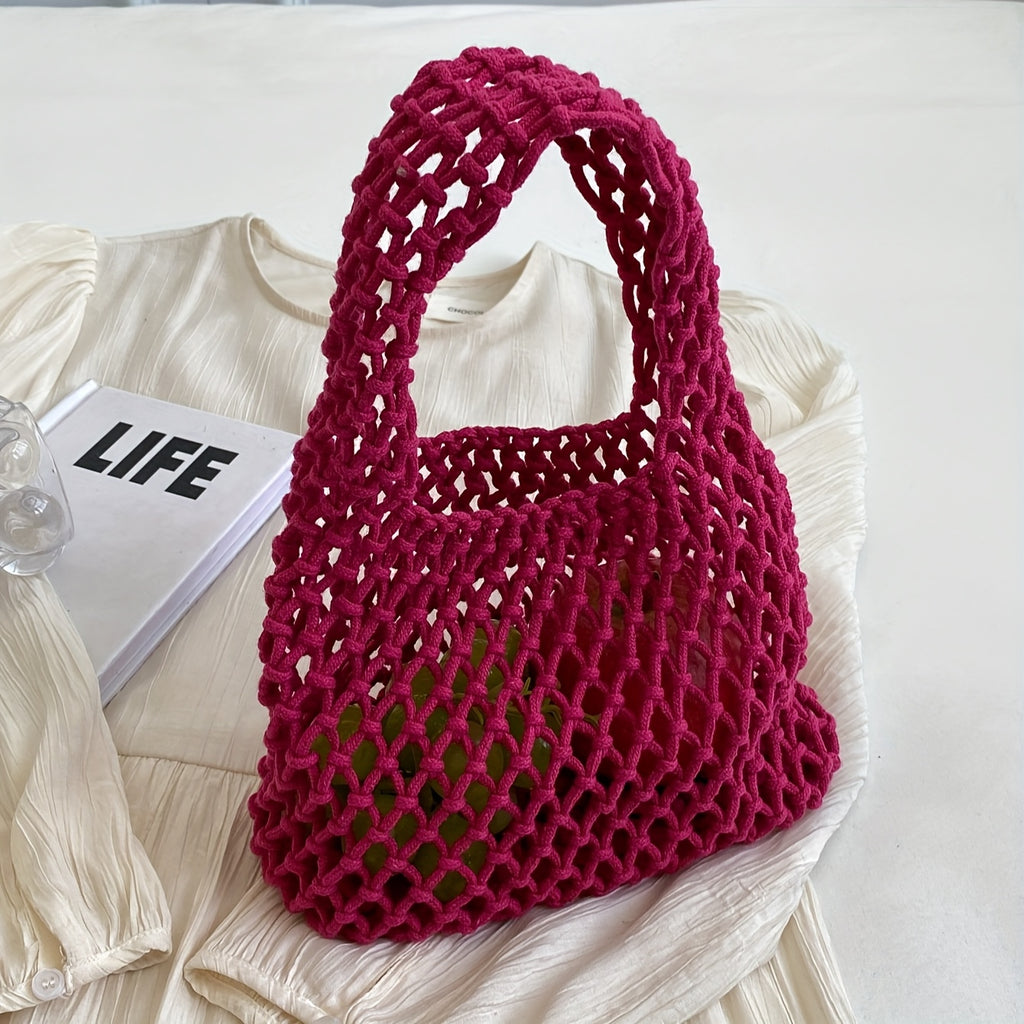 Women's Woven Mesh Beach Tote Bag - Lightweight Polyester Shoulder Bag with Fixed Strap Design, Open Top for Vacation, Casual Outings, and Travel; Versatile Everyday Commuter Bag with Textured Knit Feel