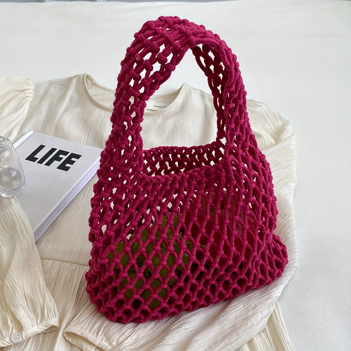 Women's Woven Mesh Beach Tote Bag - Lightweight Polyester Shoulder Bag with Fixed Strap Design, Open Top for Vacation, Casual Outings, and Travel; Versatile Everyday Commuter Bag with Textured Knit Feel