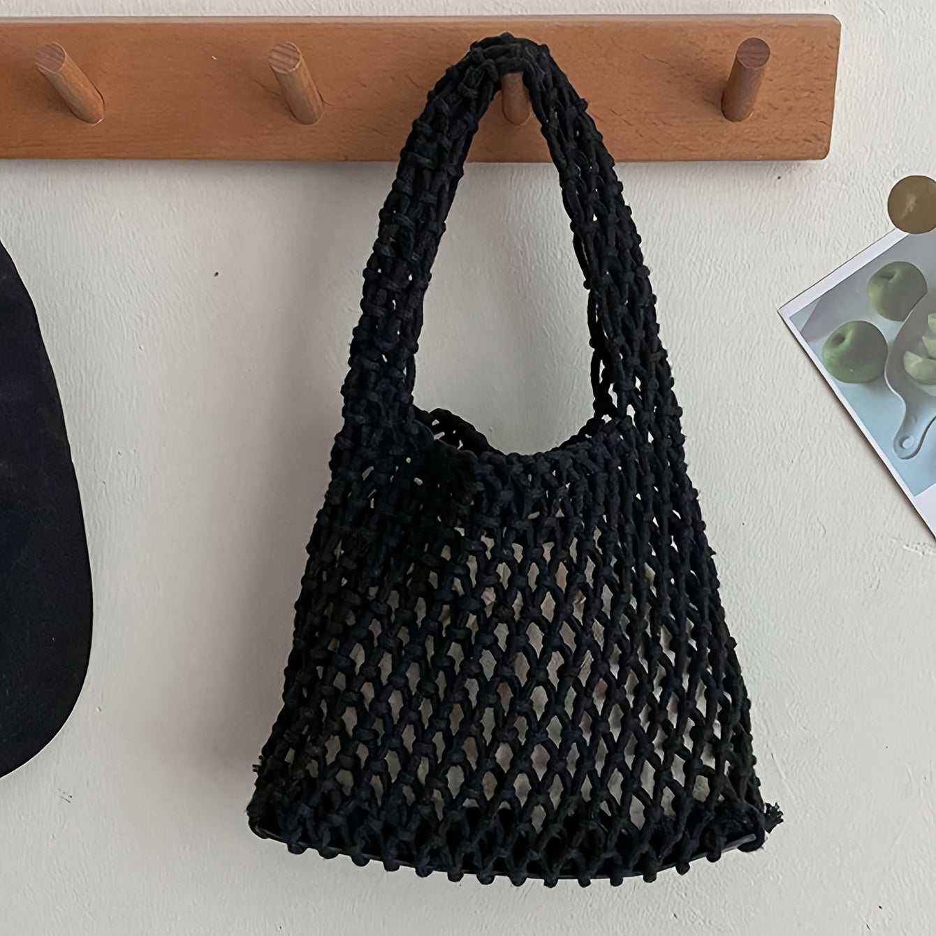 Women's Woven Mesh Beach Tote Bag - Lightweight Polyester Shoulder Bag with Fixed Strap Design, Open Top for Vacation, Casual Outings, and Travel; Versatile Everyday Commuter Bag with Textured Knit Feel