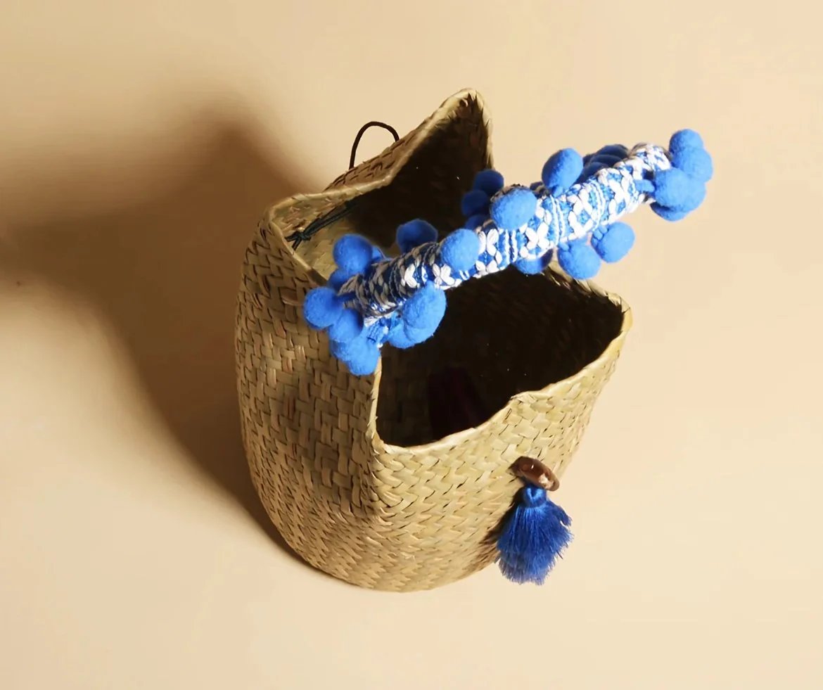 1pc JNIJLI Bohemian French Retro Woven Bucket Bag with Blue Bead Accents & Tassel Tassel - Paper Material, Fixed Shoulder Strap & Button Closure for Women, Daily Commute, Beach Weddings, Vacations, Casual Outings Accessory, N