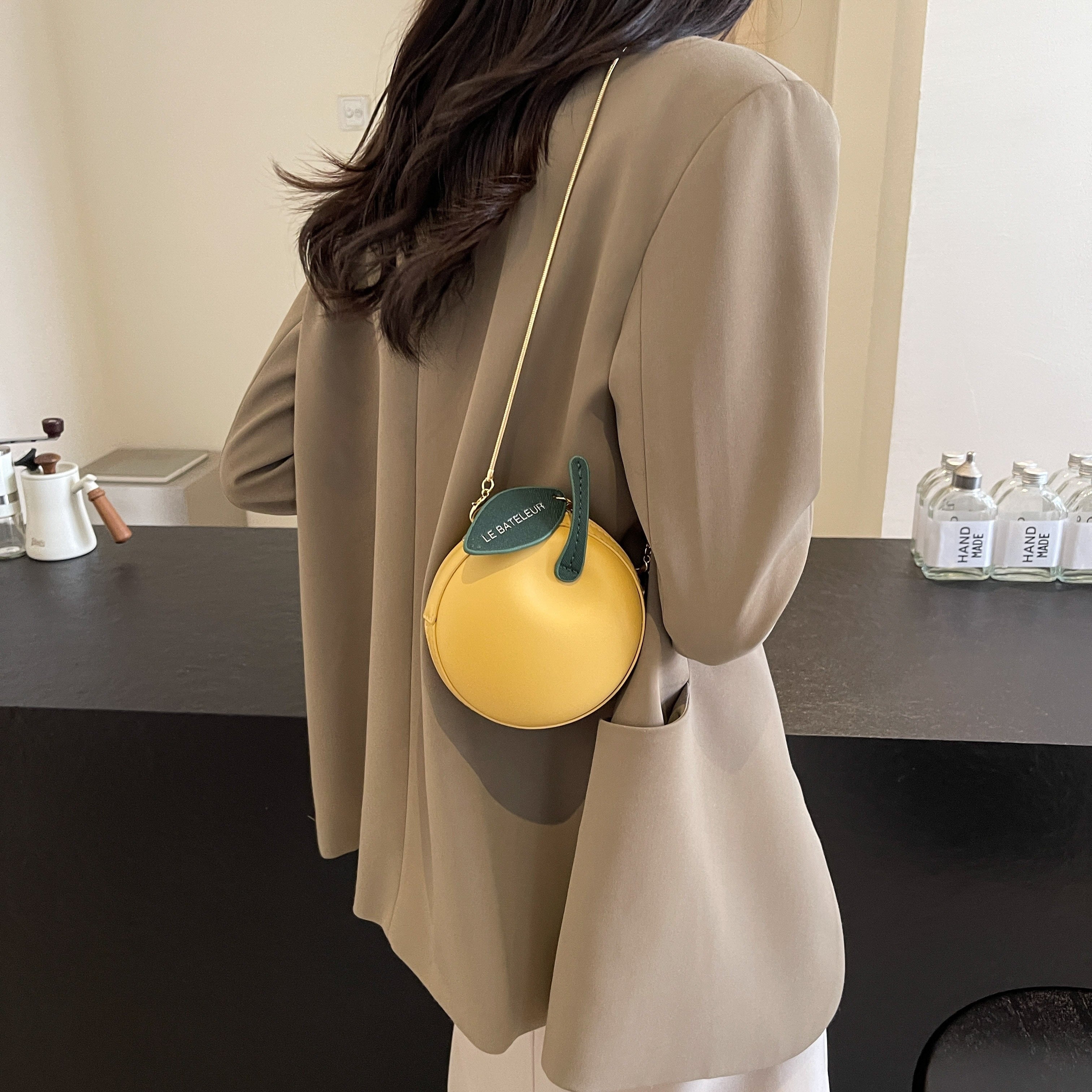 Women's Red High Quality Apple Mini Bag with Detachable Chain Strap & Green Leafy Patch - European & American Style Compact Crossbody Purse for Everyday Use, Stylish Accessory | Polyester Lining, Small Crossbody Bag