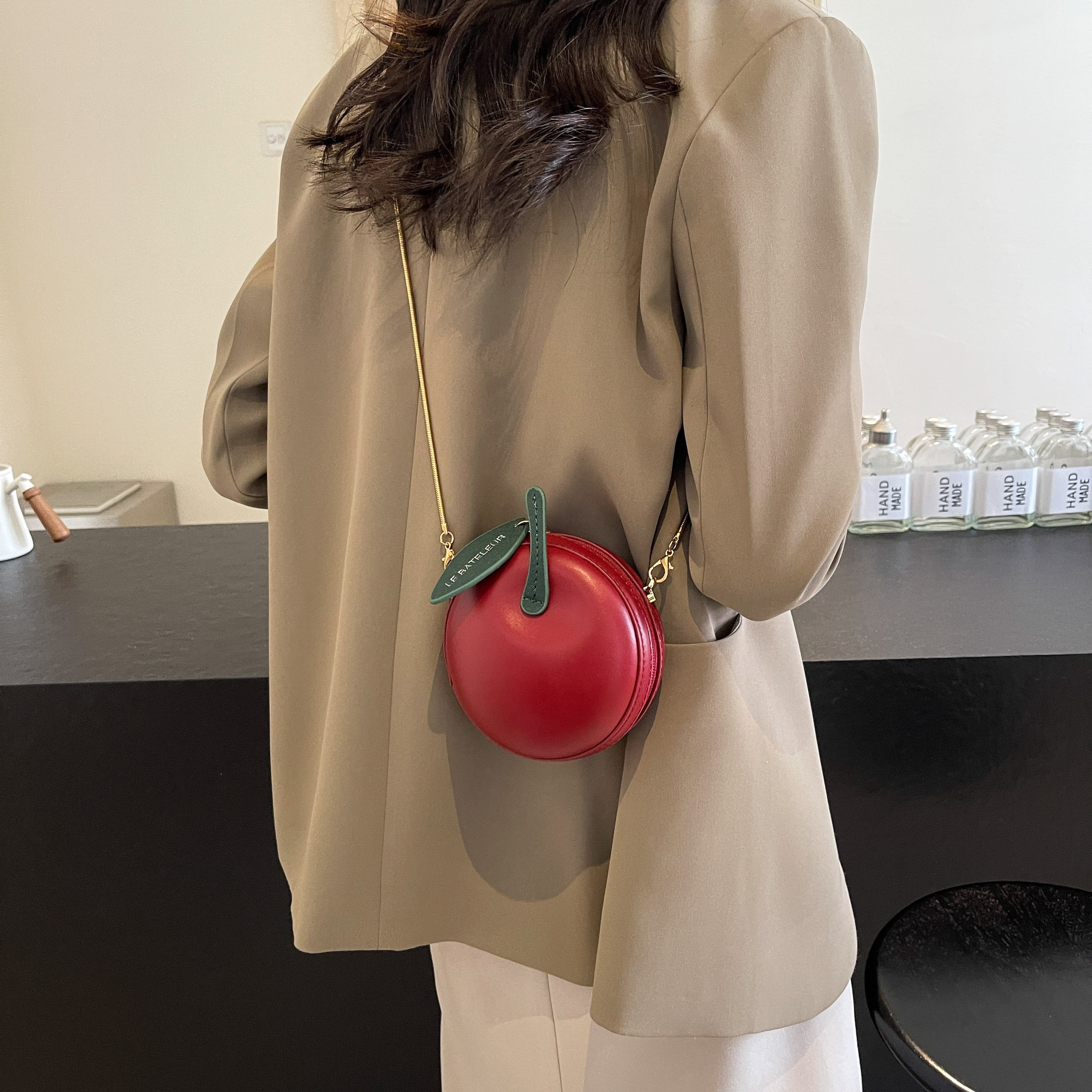 Women's Red High Quality Apple Mini Bag with Detachable Chain Strap & Green Leafy Patch - European & American Style Compact Crossbody Purse for Everyday Use, Stylish Accessory | Polyester Lining, Small Crossbody Bag