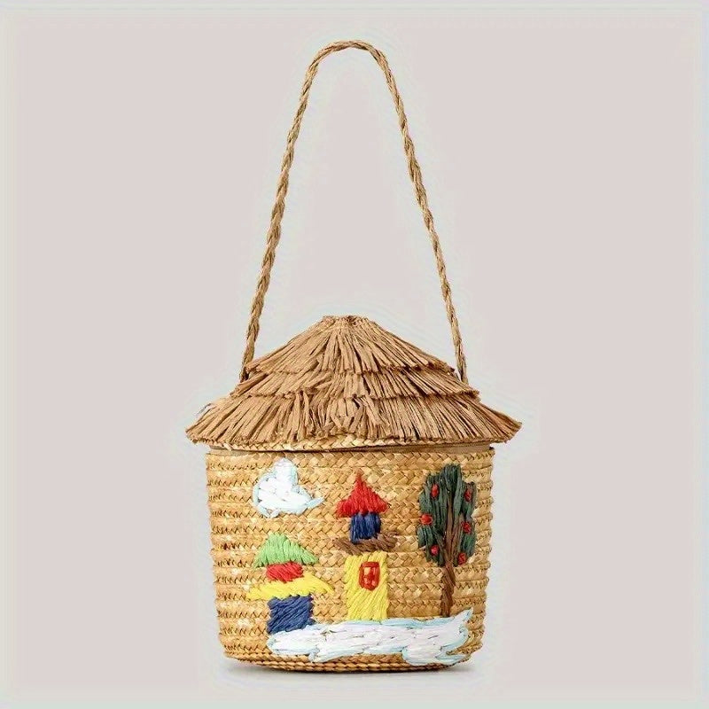 Handmade Woven Straw Beach Basket with Cartoon House Design - Durable Corn Stalk Paper Material, Zip Closure & Colorful Decorative Accents - Natural Texture Tote for Women, Perfect for Seaside Getaways & Summer Vacations (Whi