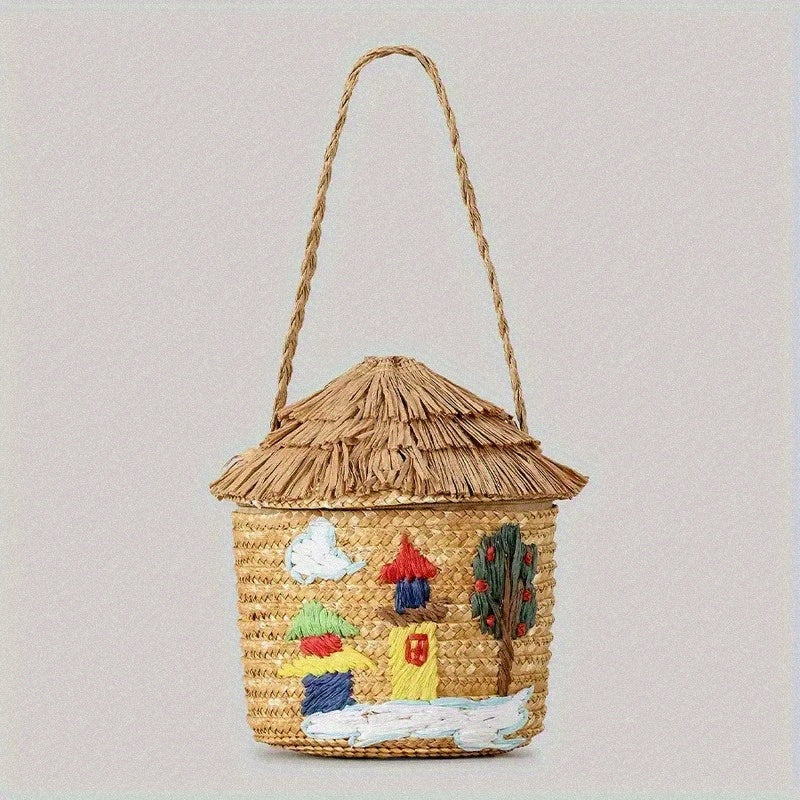 Handmade Woven Straw Beach Basket with Cartoon House Design - Durable Corn Stalk Paper Material, Zip Closure & Colorful Decorative Accents - Natural Texture Tote for Women, Perfect for Seaside Getaways & Summer Vacations (Whi