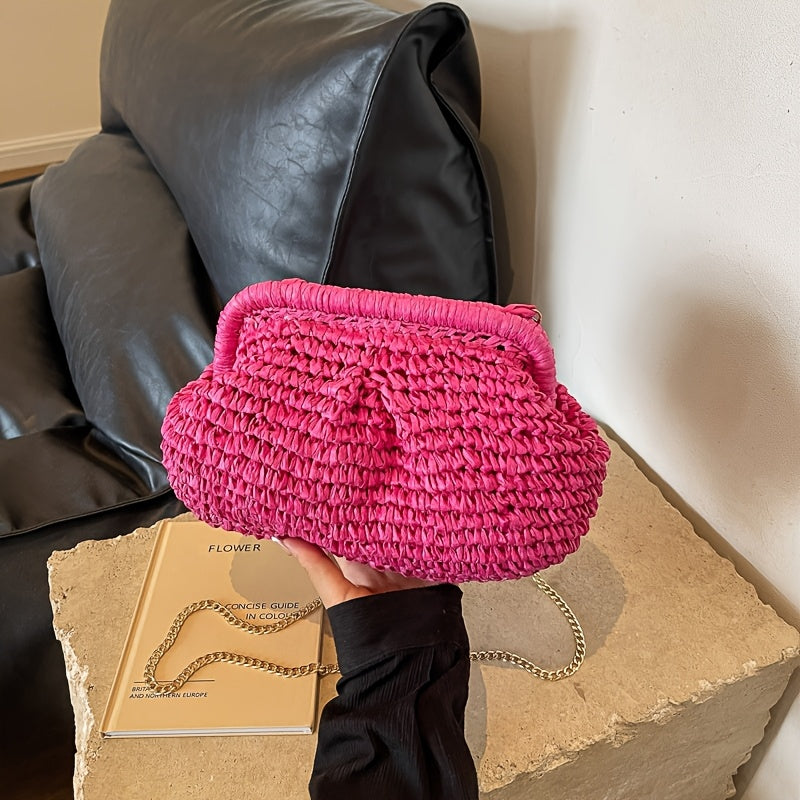 [Beach Ready] Women's Summer Straw Weave Clutch Bag - Fashionable Chain Shoulder Crossbody in Khaki, Magenta, Cream, or Green - Lightweight, Versatile for Beach and Casual Outings