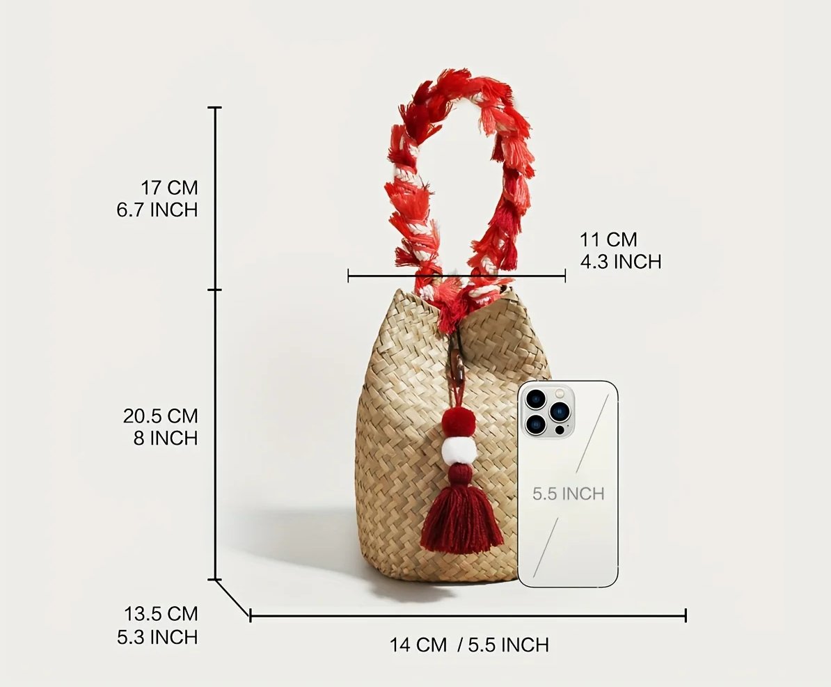 JAIJLI Bohemian Tassel Woven Bucket Bag - Red & White Fringe, Vintage French Style, Perfect for Beach, Wedding, Commute, and Travel, Ideal Gift for Women, Teachers, Friends, and Bridesmaids, Everyday Tote Bag | Bohemian Style