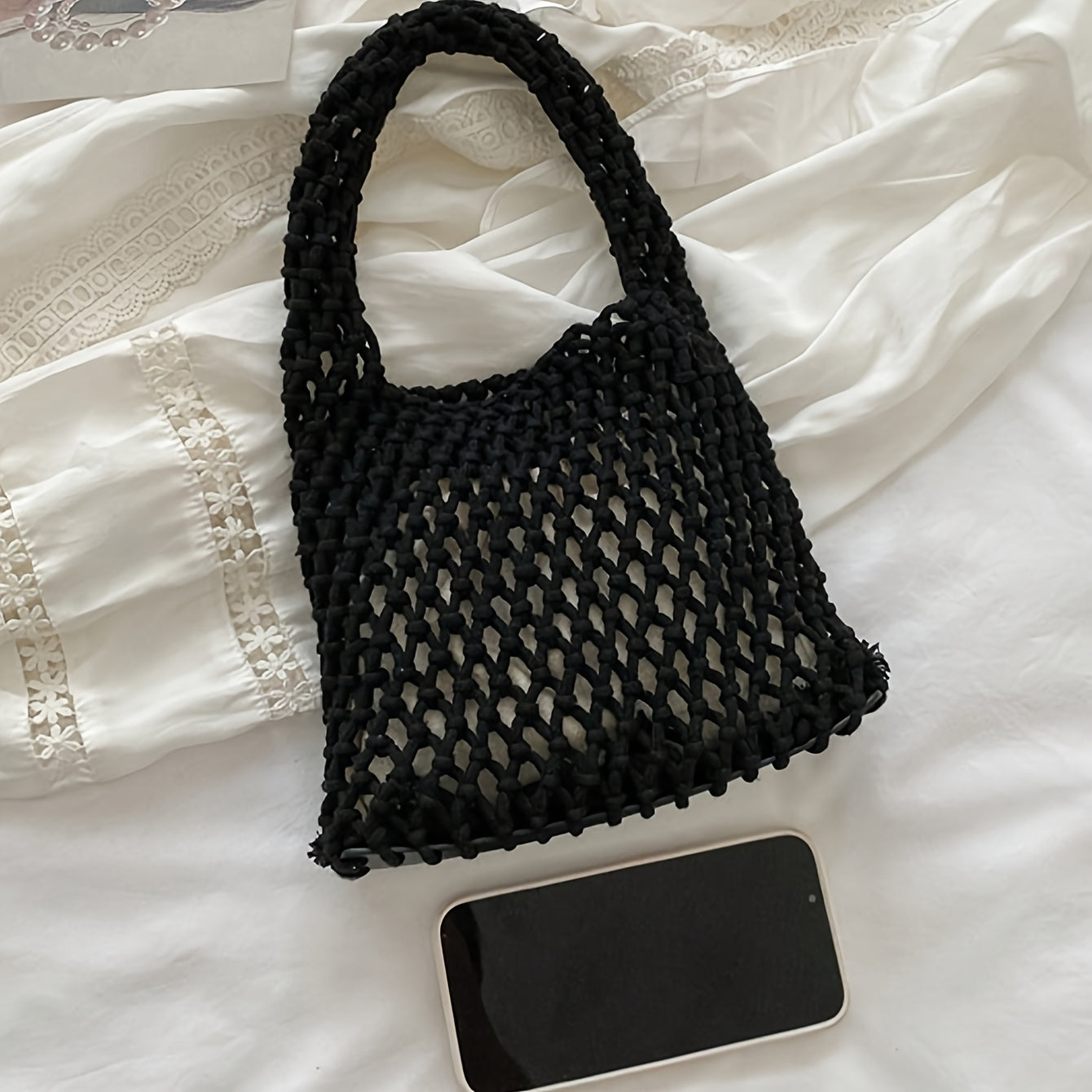 Women's Woven Mesh Beach Tote Bag - Lightweight Polyester Shoulder Bag with Fixed Strap Design, Open Top for Vacation, Casual Outings, and Travel; Versatile Everyday Commuter Bag with Textured Knit Feel