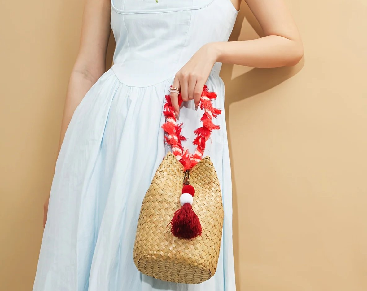 JAIJLI Bohemian Tassel Woven Bucket Bag - Red & White Fringe, Vintage French Style, Perfect for Beach, Wedding, Commute, and Travel, Ideal Gift for Women, Teachers, Friends, and Bridesmaids, Everyday Tote Bag | Bohemian Style