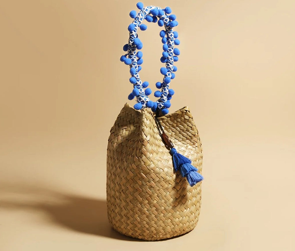 1pc JNIJLI Bohemian French Retro Woven Bucket Bag with Blue Bead Accents & Tassel Tassel - Paper Material, Fixed Shoulder Strap & Button Closure for Women, Daily Commute, Beach Weddings, Vacations, Casual Outings Accessory, N