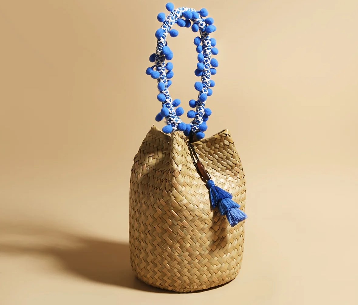 1pc JNIJLI Bohemian French Retro Woven Bucket Bag with Blue Bead Accents & Tassel Tassel - Paper Material, Fixed Shoulder Strap & Button Closure for Women, Daily Commute, Beach Weddings, Vacations, Casual Outings Accessory, N