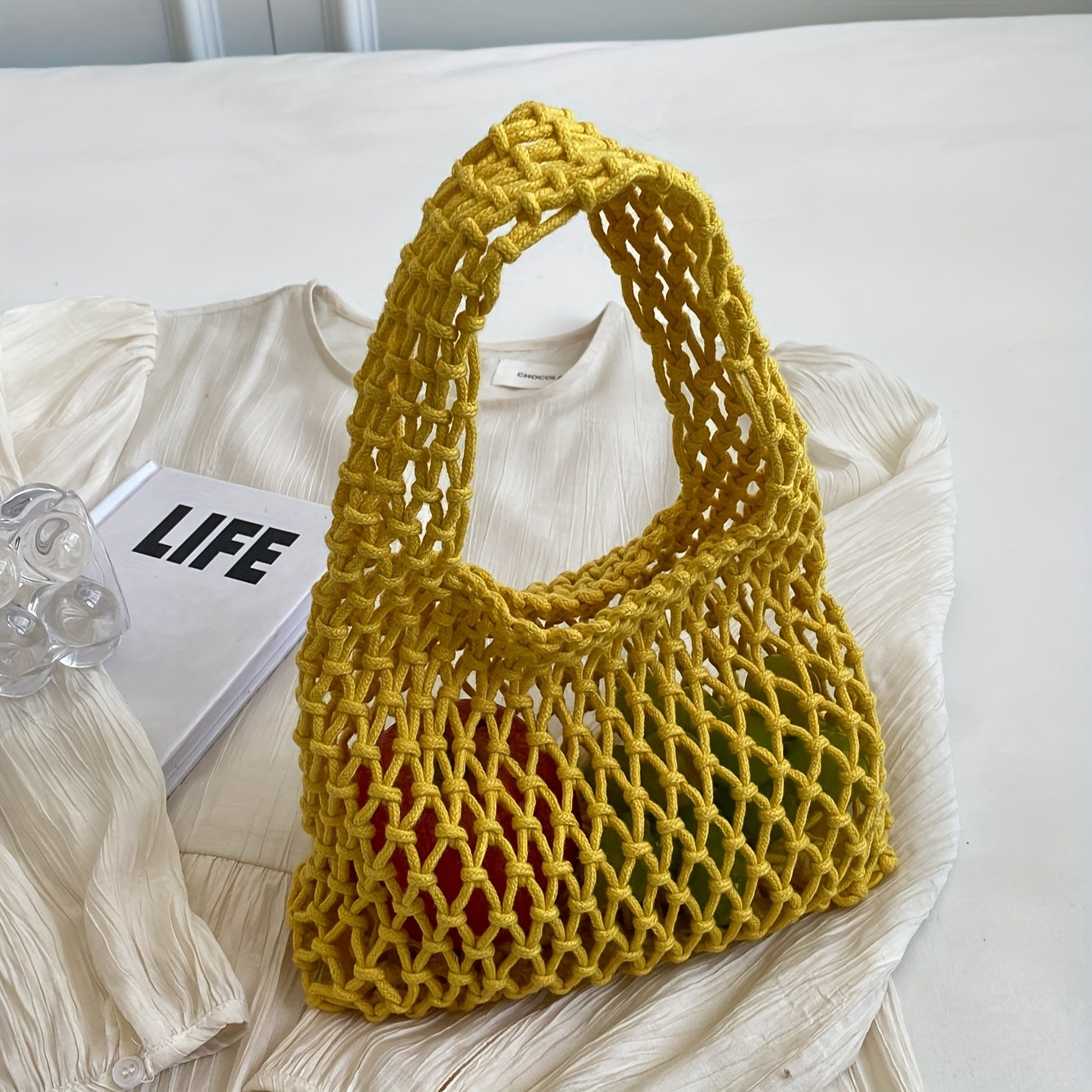Women's Woven Mesh Beach Tote Bag - Lightweight Polyester Shoulder Bag with Fixed Strap Design, Open Top for Vacation, Casual Outings, and Travel; Versatile Everyday Commuter Bag with Textured Knit Feel