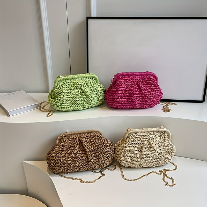 [Beach Ready] Women's Summer Straw Weave Clutch Bag - Fashionable Chain Shoulder Crossbody in Khaki, Magenta, Cream, or Green - Lightweight, Versatile for Beach and Casual Outings