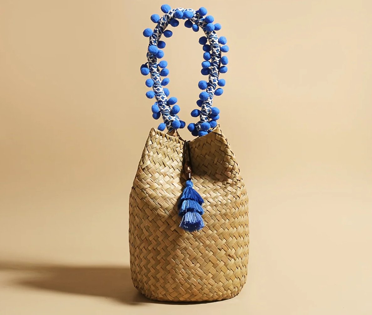 1pc JNIJLI Bohemian French Retro Woven Bucket Bag with Blue Bead Accents & Tassel Tassel - Paper Material, Fixed Shoulder Strap & Button Closure for Women, Daily Commute, Beach Weddings, Vacations, Casual Outings Accessory, N