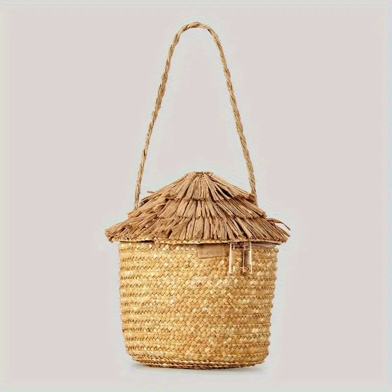 Handmade Woven Straw Beach Basket with Cartoon House Design - Durable Corn Stalk Paper Material, Zip Closure & Colorful Decorative Accents - Natural Texture Tote for Women, Perfect for Seaside Getaways & Summer Vacations (Whi