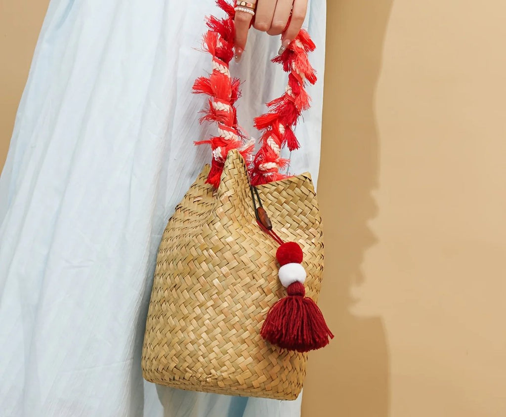 JAIJLI Bohemian Tassel Woven Bucket Bag - Red & White Fringe, Vintage French Style, Perfect for Beach, Wedding, Commute, and Travel, Ideal Gift for Women, Teachers, Friends, and Bridesmaids, Everyday Tote Bag | Bohemian Style