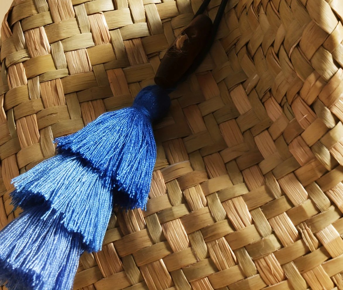 1pc JNIJLI Bohemian French Retro Woven Bucket Bag with Blue Bead Accents & Tassel Tassel - Paper Material, Fixed Shoulder Strap & Button Closure for Women, Daily Commute, Beach Weddings, Vacations, Casual Outings Accessory, N