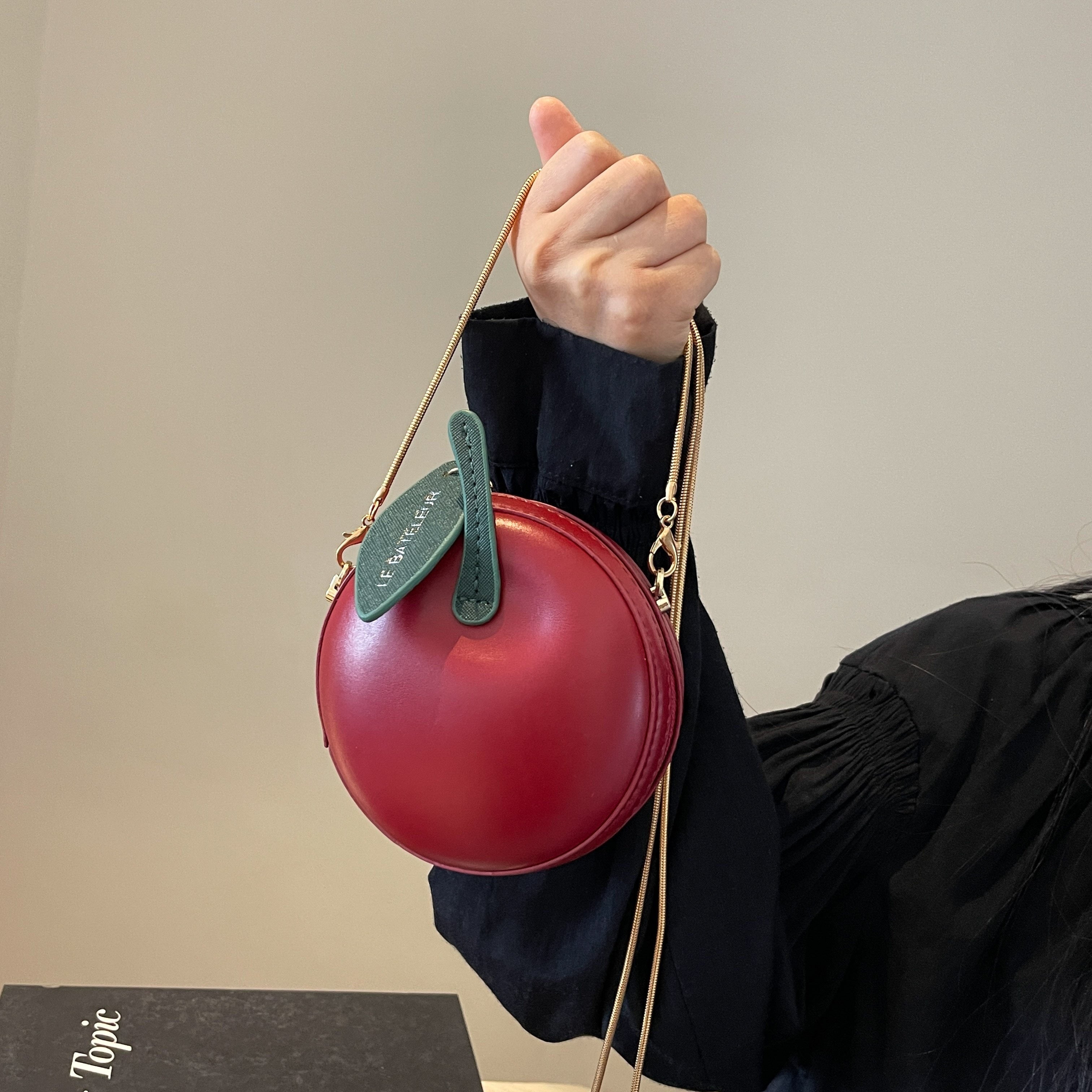 Women's Red High Quality Apple Mini Bag with Detachable Chain Strap & Green Leafy Patch - European & American Style Compact Crossbody Purse for Everyday Use, Stylish Accessory | Polyester Lining, Small Crossbody Bag