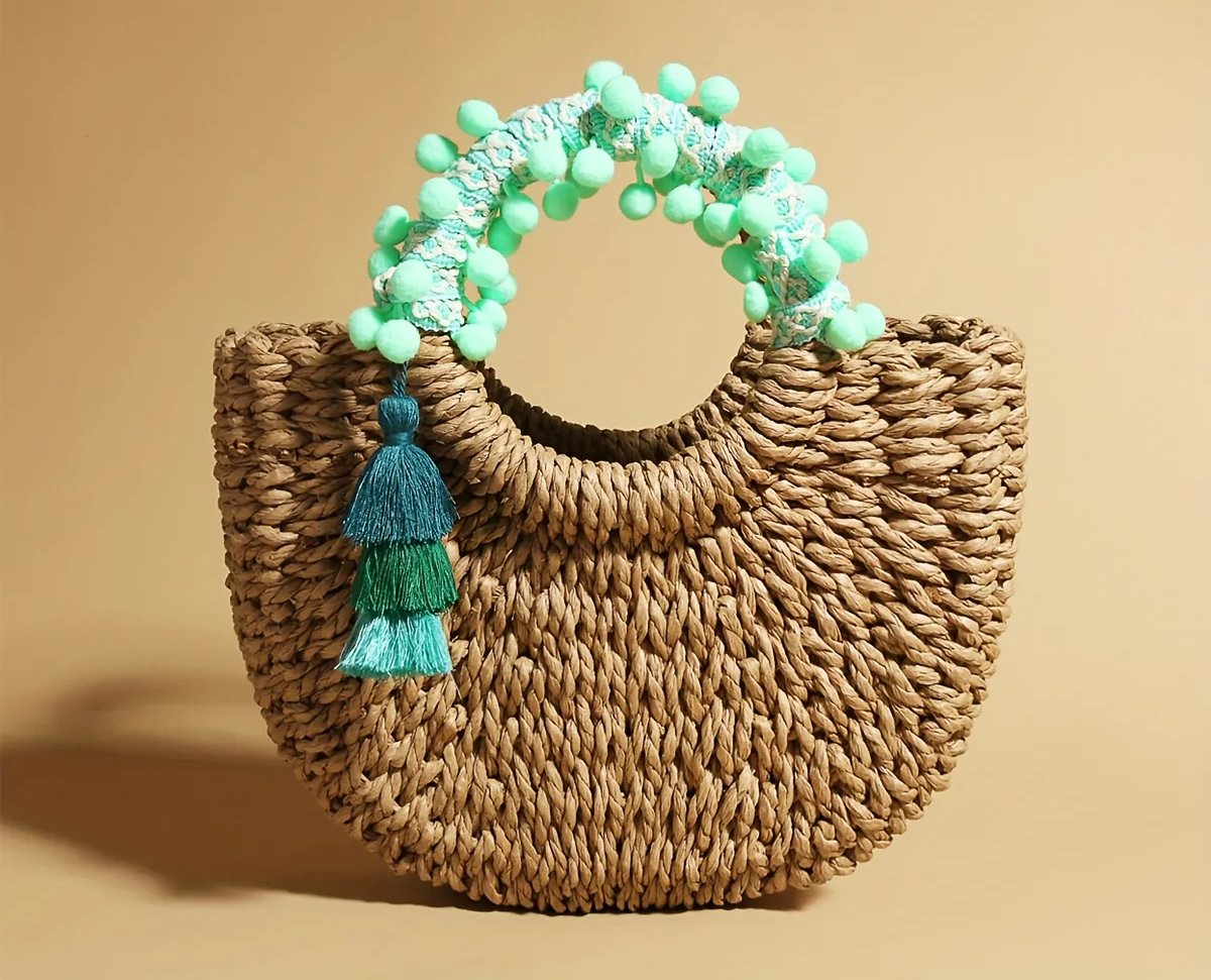 JNIJLI Bohemian Tassel Straw Saddle Bag - Vintage Woven Basket Handbag with Green Tassels, Open-Top Design for Beach, Vacation, and Casual Outings - Perfect Gift for Women, Mothers, Teachers, or Friends, Beach Bag, Vacation A
