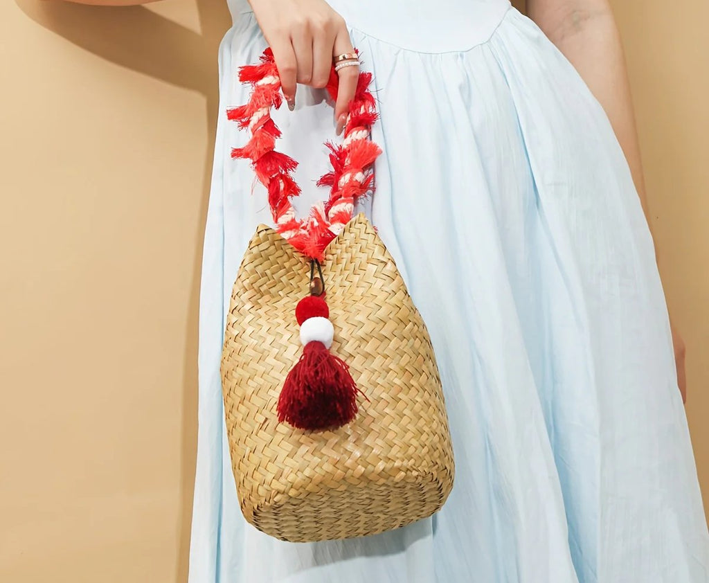 JAIJLI Bohemian Tassel Woven Bucket Bag - Red & White Fringe, Vintage French Style, Perfect for Beach, Wedding, Commute, and Travel, Ideal Gift for Women, Teachers, Friends, and Bridesmaids, Everyday Tote Bag | Bohemian Style