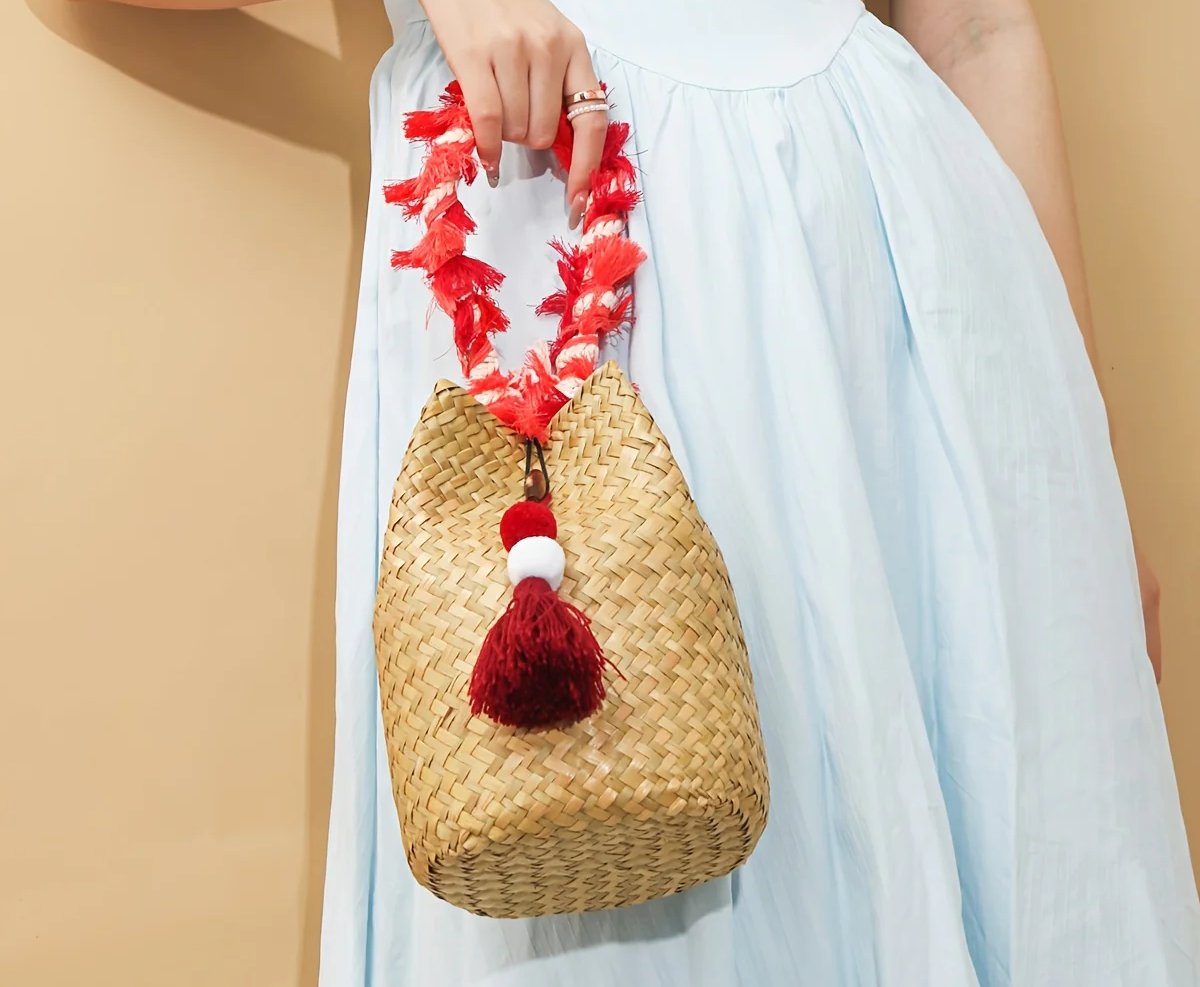 JAIJLI Bohemian Tassel Woven Bucket Bag - Red & White Fringe, Vintage French Style, Perfect for Beach, Wedding, Commute, and Travel, Ideal Gift for Women, Teachers, Friends, and Bridesmaids, Everyday Tote Bag | Bohemian Style