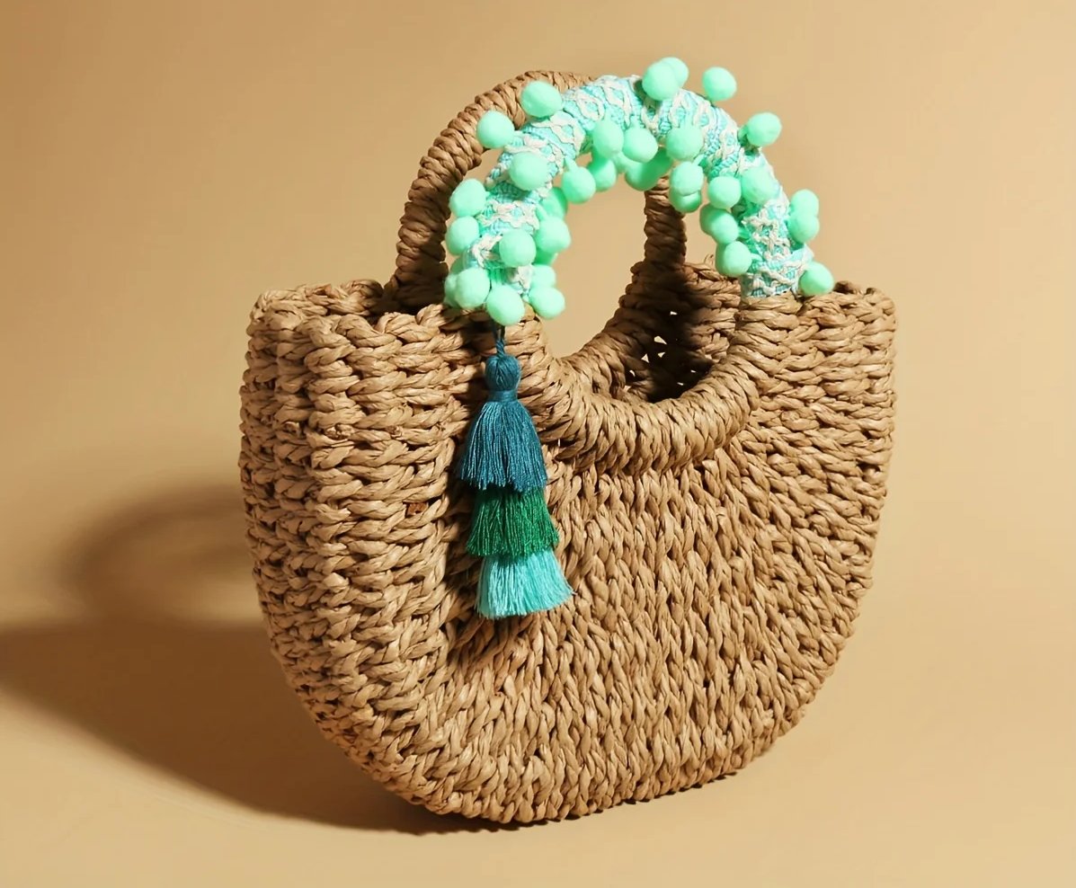 JNIJLI Bohemian Tassel Straw Saddle Bag - Vintage Woven Basket Handbag with Green Tassels, Open-Top Design for Beach, Vacation, and Casual Outings - Perfect Gift for Women, Mothers, Teachers, or Friends, Beach Bag, Vacation A