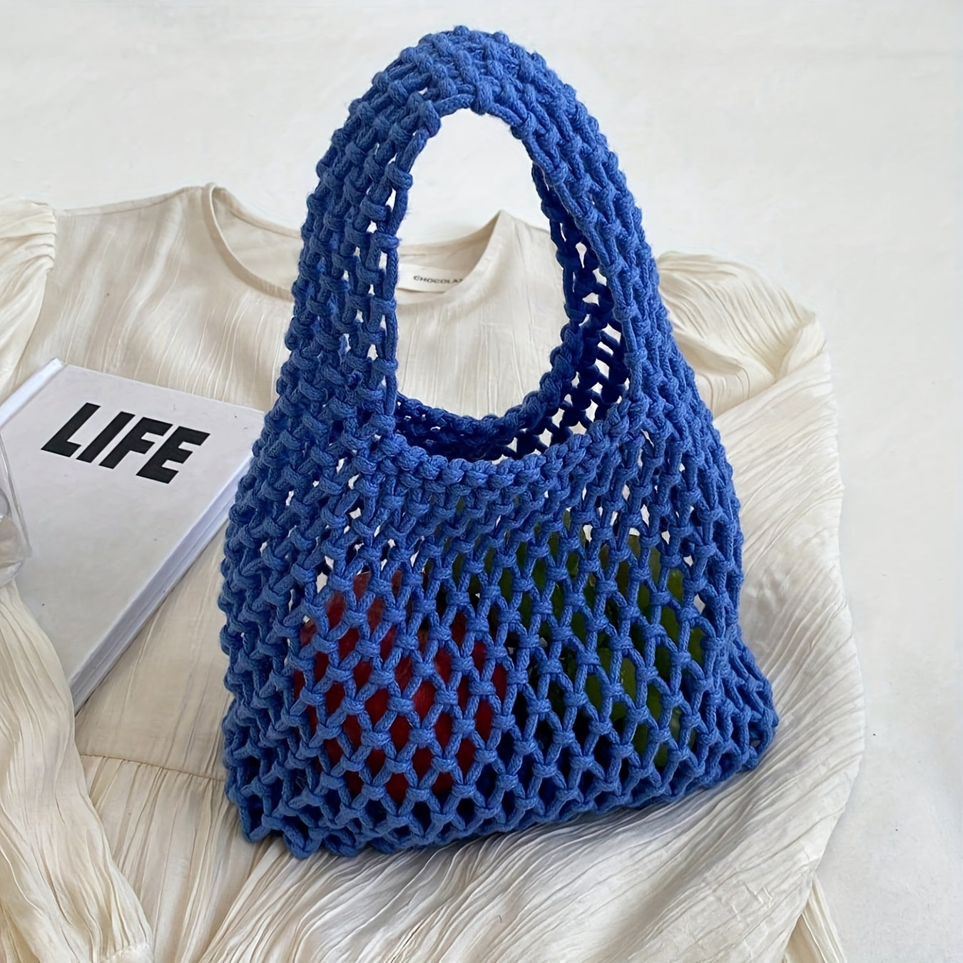 Women's Woven Mesh Beach Tote Bag - Lightweight Polyester Shoulder Bag with Fixed Strap Design, Open Top for Vacation, Casual Outings, and Travel; Versatile Everyday Commuter Bag with Textured Knit Feel