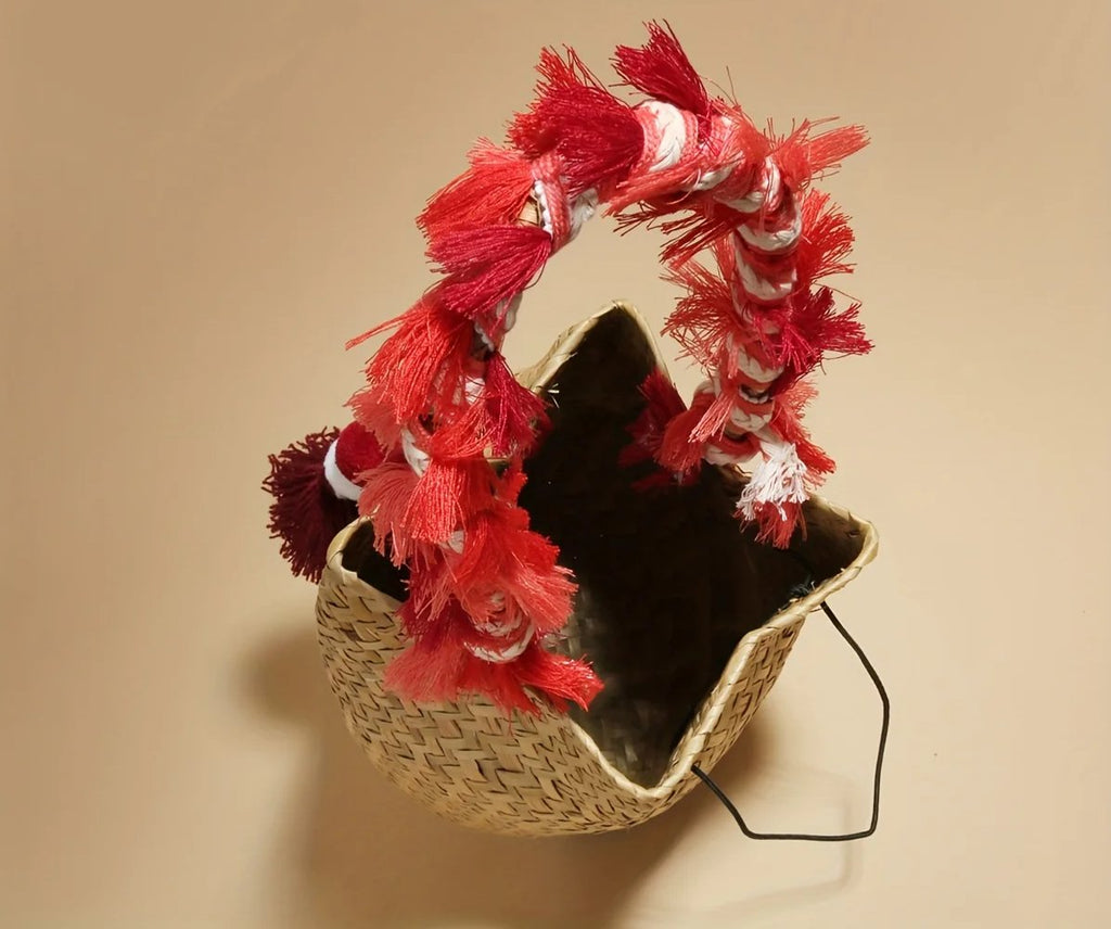 JAIJLI Bohemian Tassel Woven Bucket Bag - Red & White Fringe, Vintage French Style, Perfect for Beach, Wedding, Commute, and Travel, Ideal Gift for Women, Teachers, Friends, and Bridesmaids, Everyday Tote Bag | Bohemian Style