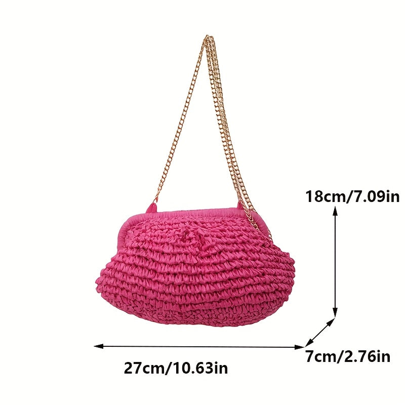 [Beach Ready] Women's Summer Straw Weave Clutch Bag - Fashionable Chain Shoulder Crossbody in Khaki, Magenta, Cream, or Green - Lightweight, Versatile for Beach and Casual Outings
