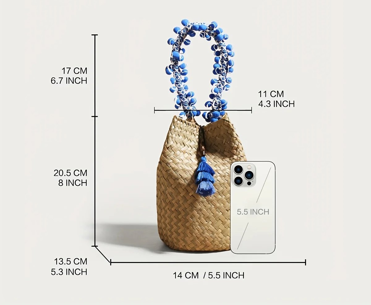 1pc JNIJLI Bohemian French Retro Woven Bucket Bag with Blue Bead Accents & Tassel Tassel - Paper Material, Fixed Shoulder Strap & Button Closure for Women, Daily Commute, Beach Weddings, Vacations, Casual Outings Accessory, N