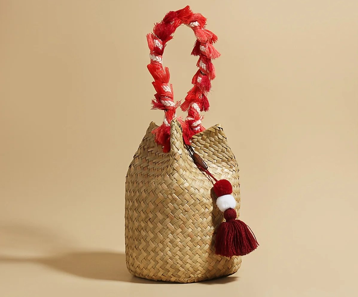 JAIJLI Bohemian Tassel Woven Bucket Bag - Red & White Fringe, Vintage French Style, Perfect for Beach, Wedding, Commute, and Travel, Ideal Gift for Women, Teachers, Friends, and Bridesmaids, Everyday Tote Bag | Bohemian Style