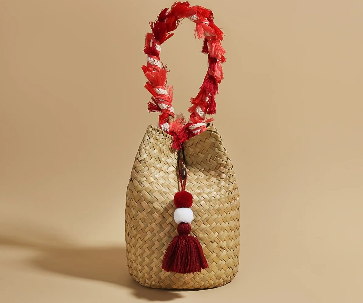 JAIJLI Bohemian Tassel Woven Bucket Bag - Red & White Fringe, Vintage French Style, Perfect for Beach, Wedding, Commute, and Travel, Ideal Gift for Women, Teachers, Friends, and Bridesmaids, Everyday Tote Bag | Bohemian Style