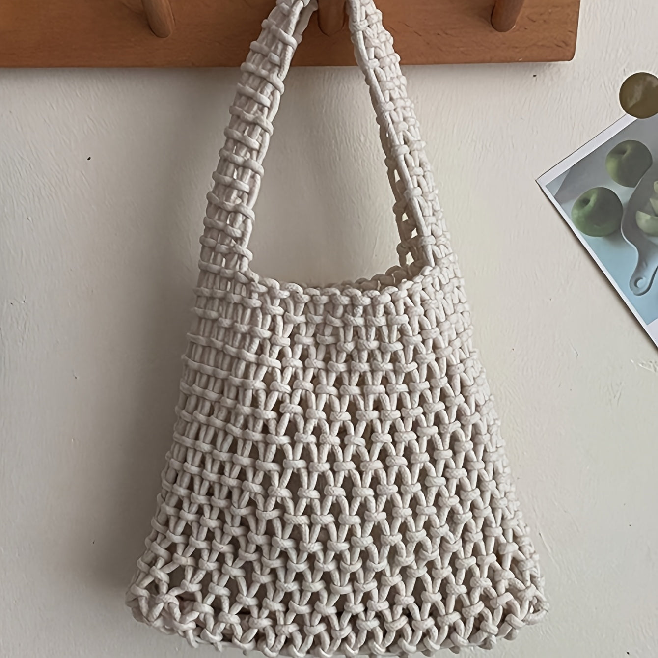 Women's Woven Mesh Beach Tote Bag - Lightweight Polyester Shoulder Bag with Fixed Strap Design, Open Top for Vacation, Casual Outings, and Travel; Versatile Everyday Commuter Bag with Textured Knit Feel