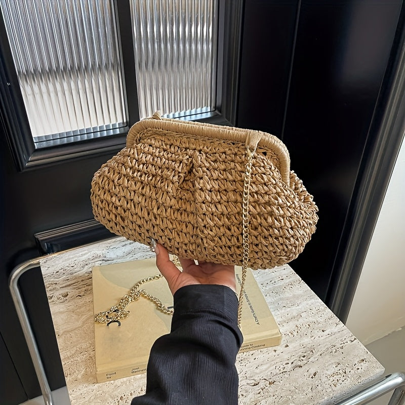 [Beach Ready] Women's Summer Straw Weave Clutch Bag - Fashionable Chain Shoulder Crossbody in Khaki, Magenta, Cream, or Green - Lightweight, Versatile for Beach and Casual Outings