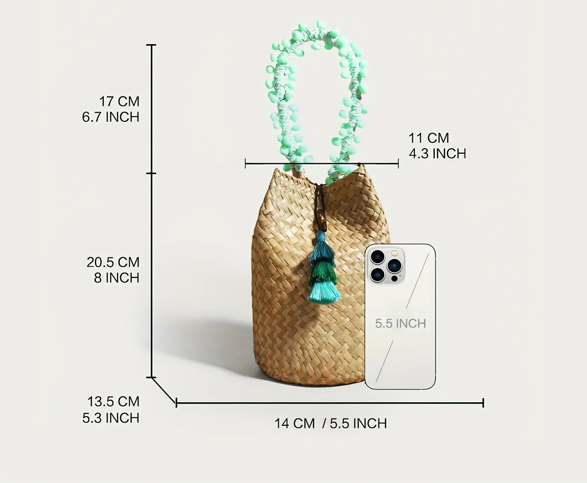 JNIJLI Bohemian Vacation Tassel Woven Bucket Bag - Vintage Green Paper Handbag with Fixed Shoulder Strap, Beaded Detail, and Decorative Tassel for Beach, Wedding, Outing, and Casual Outfits, Beach Bag, Wedding Accessory, Retr