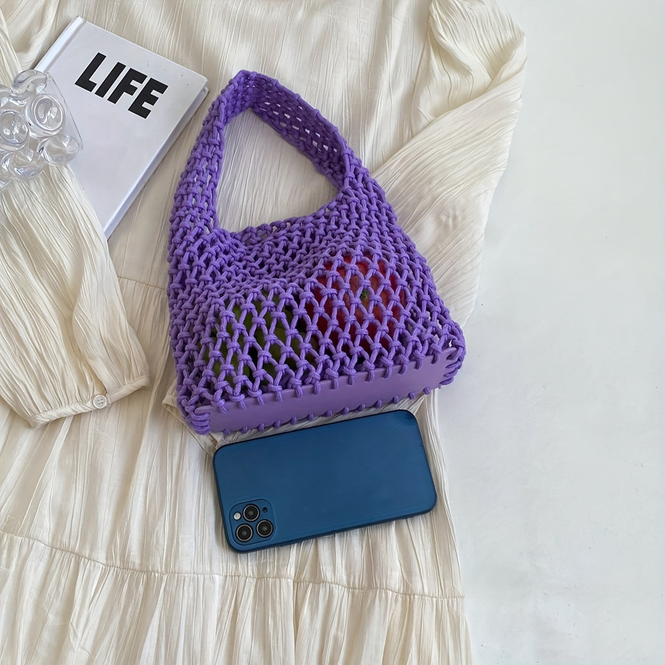 Women's Woven Mesh Beach Tote Bag - Lightweight Polyester Shoulder Bag with Fixed Strap Design, Open Top for Vacation, Casual Outings, and Travel; Versatile Everyday Commuter Bag with Textured Knit Feel
