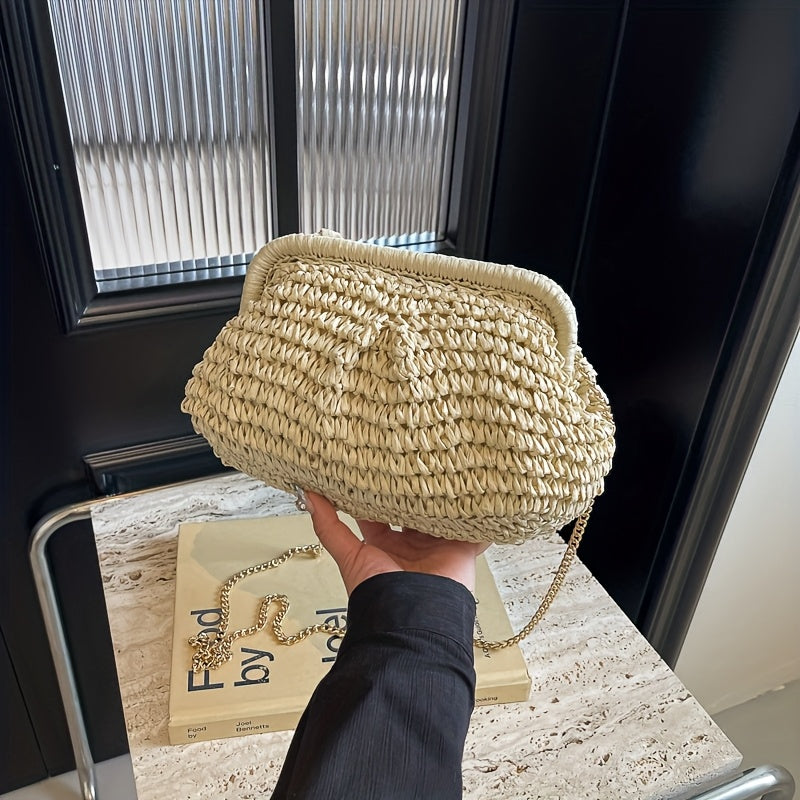 [Beach Ready] Women's Summer Straw Weave Clutch Bag - Fashionable Chain Shoulder Crossbody in Khaki, Magenta, Cream, or Green - Lightweight, Versatile for Beach and Casual Outings