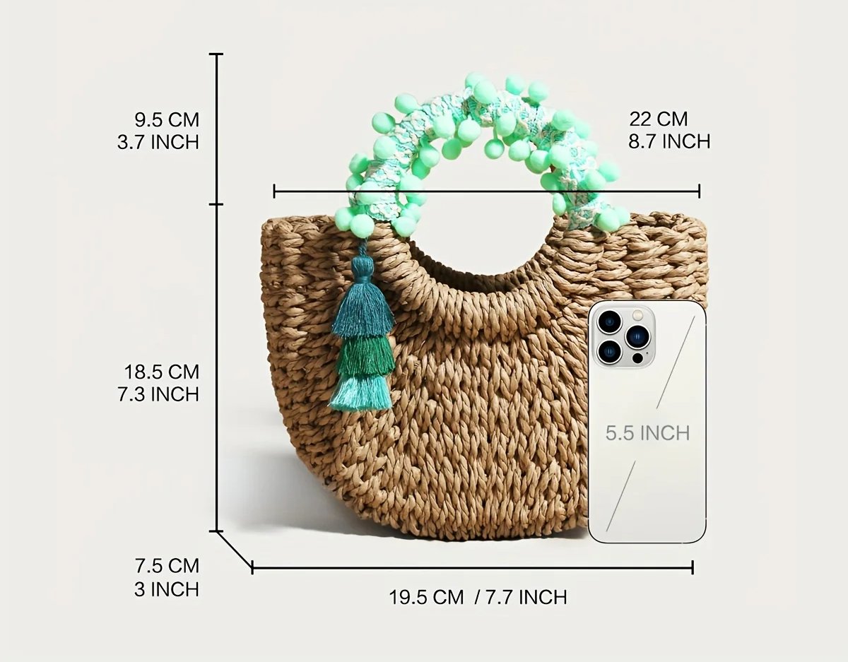 JNIJLI Bohemian Tassel Straw Saddle Bag - Vintage Woven Basket Handbag with Green Tassels, Open-Top Design for Beach, Vacation, and Casual Outings - Perfect Gift for Women, Mothers, Teachers, or Friends, Beach Bag, Vacation A