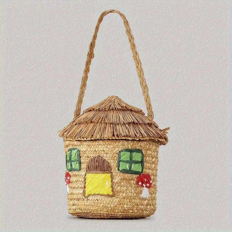 Handmade Woven Straw Beach Basket with Cartoon House Design - Durable Corn Stalk Paper Material, Zip Closure & Colorful Decorative Accents - Natural Texture Tote for Women, Perfect for Seaside Getaways & Summer Vacations (Whi