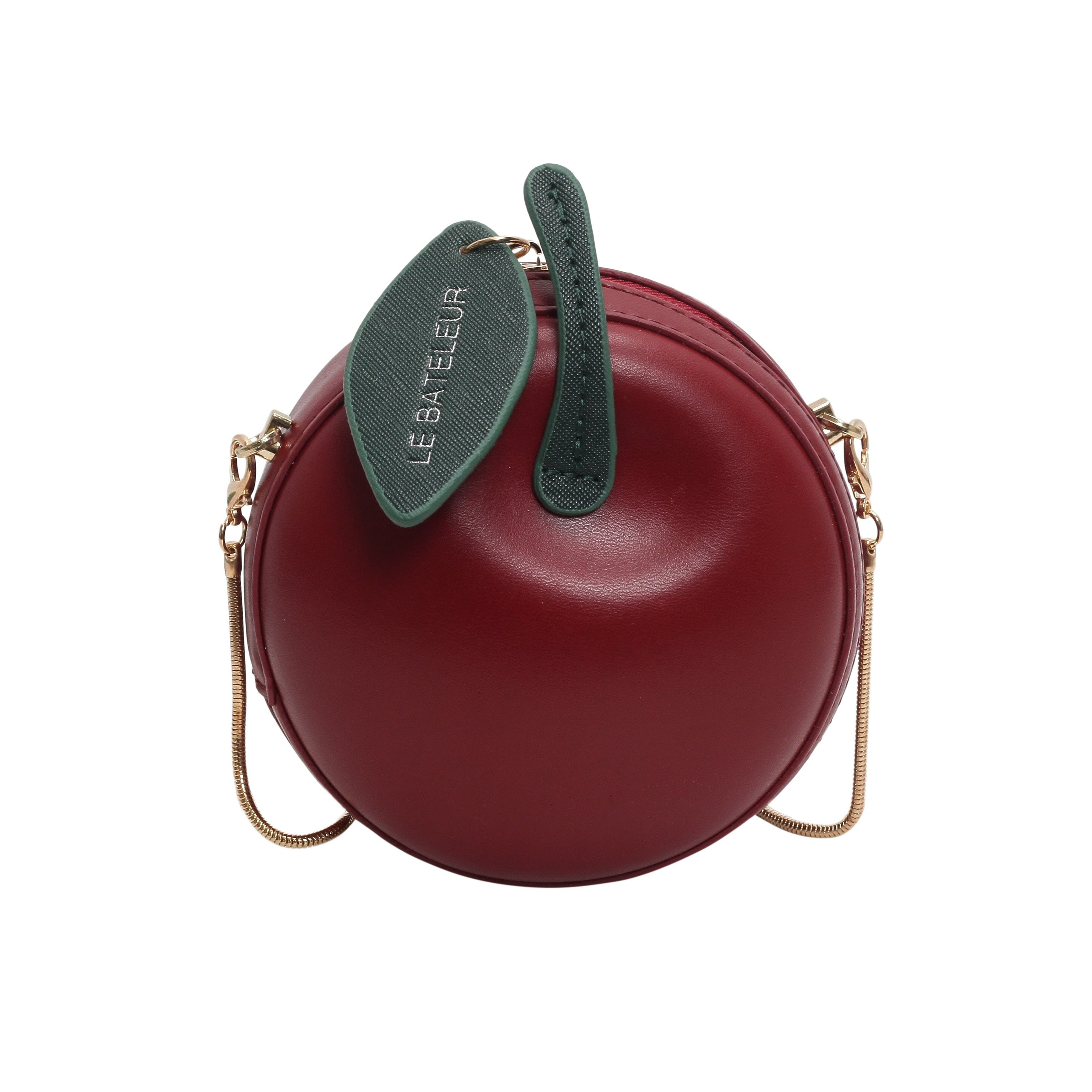 Women's Red High Quality Apple Mini Bag with Detachable Chain Strap & Green Leafy Patch - European & American Style Compact Crossbody Purse for Everyday Use, Stylish Accessory | Polyester Lining, Small Crossbody Bag