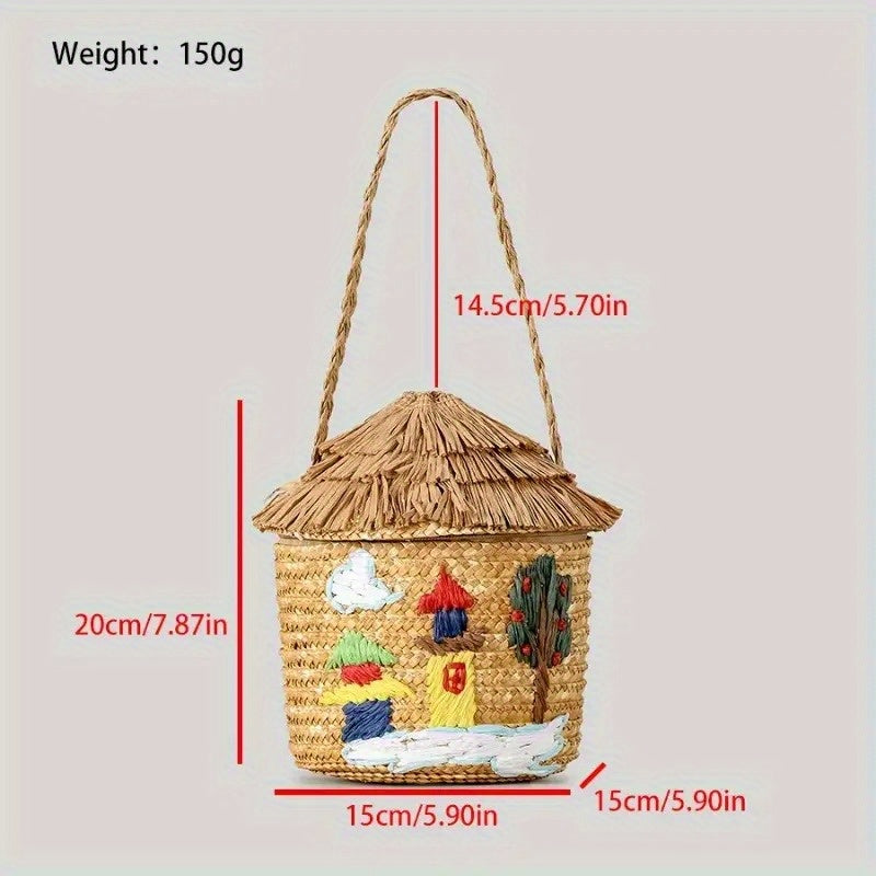 Handmade Woven Straw Beach Basket with Cartoon House Design - Durable Corn Stalk Paper Material, Zip Closure & Colorful Decorative Accents - Natural Texture Tote for Women, Perfect for Seaside Getaways & Summer Vacations (Whi